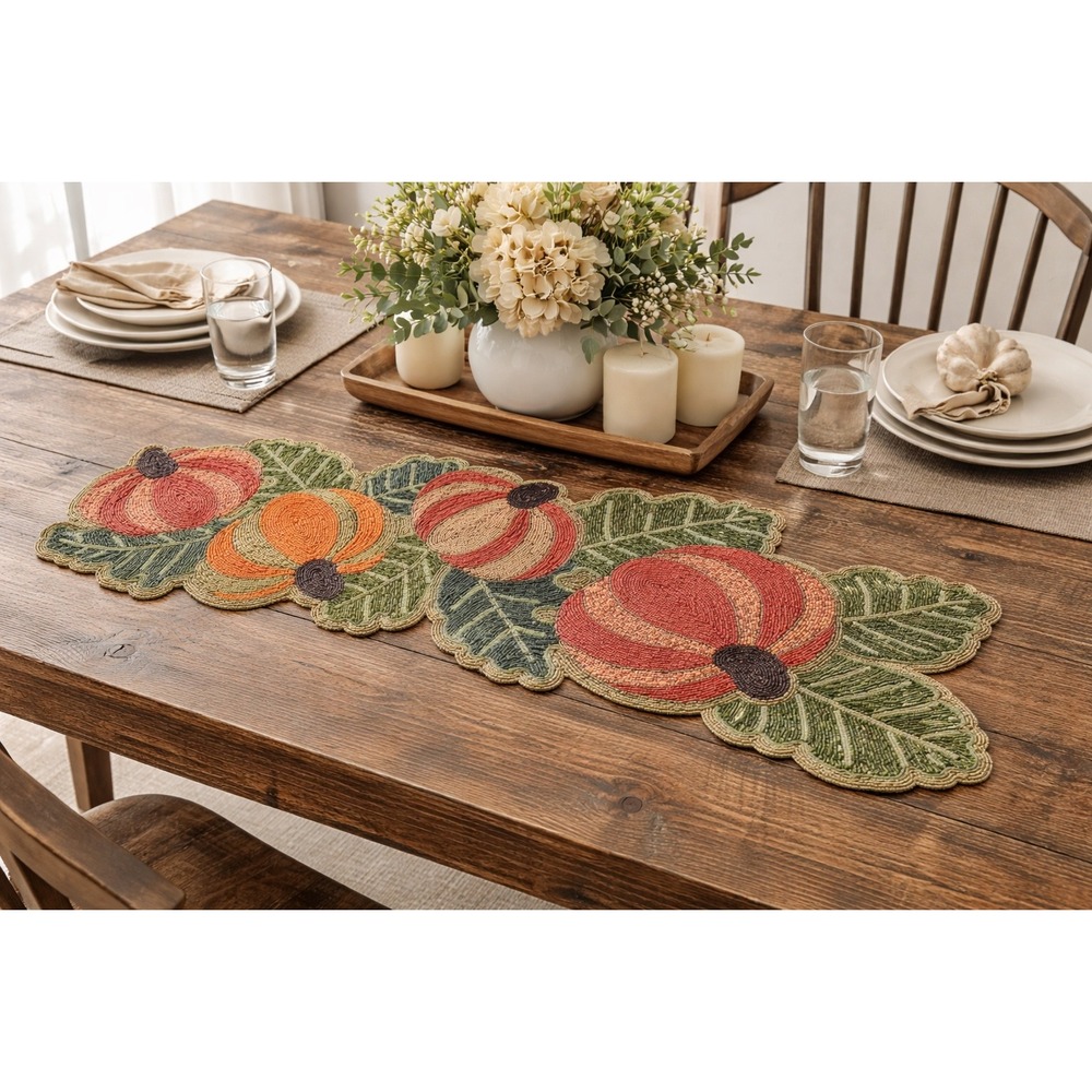 Beaded Pumpkin Table Runner Fall Autumn Harvest Thanksgiving Decor 39.5x14.5in